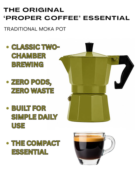 An olive green stovetop moka pot with black accents is shown on a white background with marketing text and a small glass of espresso. The text reads: 'THE ORIGINAL 'PROPER COFFEE' ESSENTIAL', 'TRADITIONAL MOKA POT', and bullet points about classic two-chamber brewing, zero pods, zero waste, and built for simple daily use.