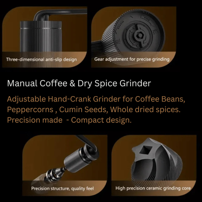 MANUAL COFFEE & DRY SPICE GRINDER - Adjustable Hand-Crank Grinder for Coffee Beans - Peppercorns - Cumin Seeds ++ Compact Portable Design