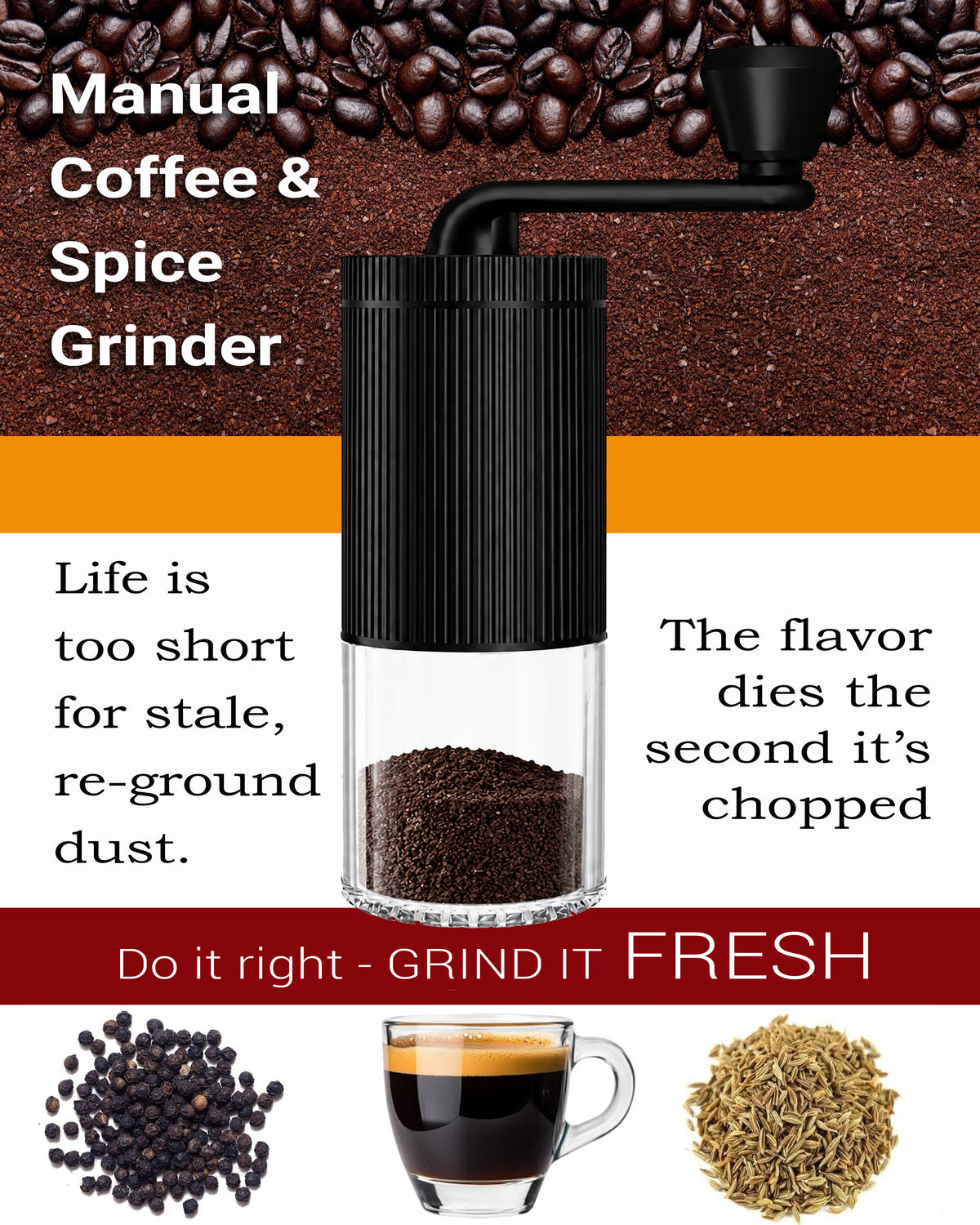 MANUAL COFFEE & DRY SPICE GRINDER - Adjustable Hand-Crank Grinder for Coffee Beans - Peppercorns - Cumin Seeds ++ Compact Portable Design
