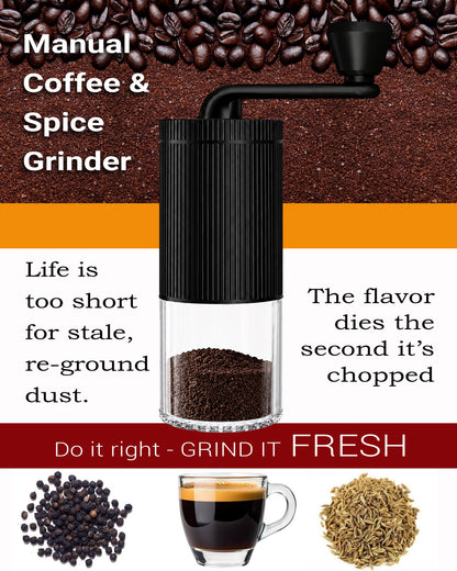 MANUAL COFFEE & DRY SPICE GRINDER - Adjustable Hand-Crank Grinder for Coffee Beans - Peppercorns - Cumin Seeds ++ Compact Portable Design