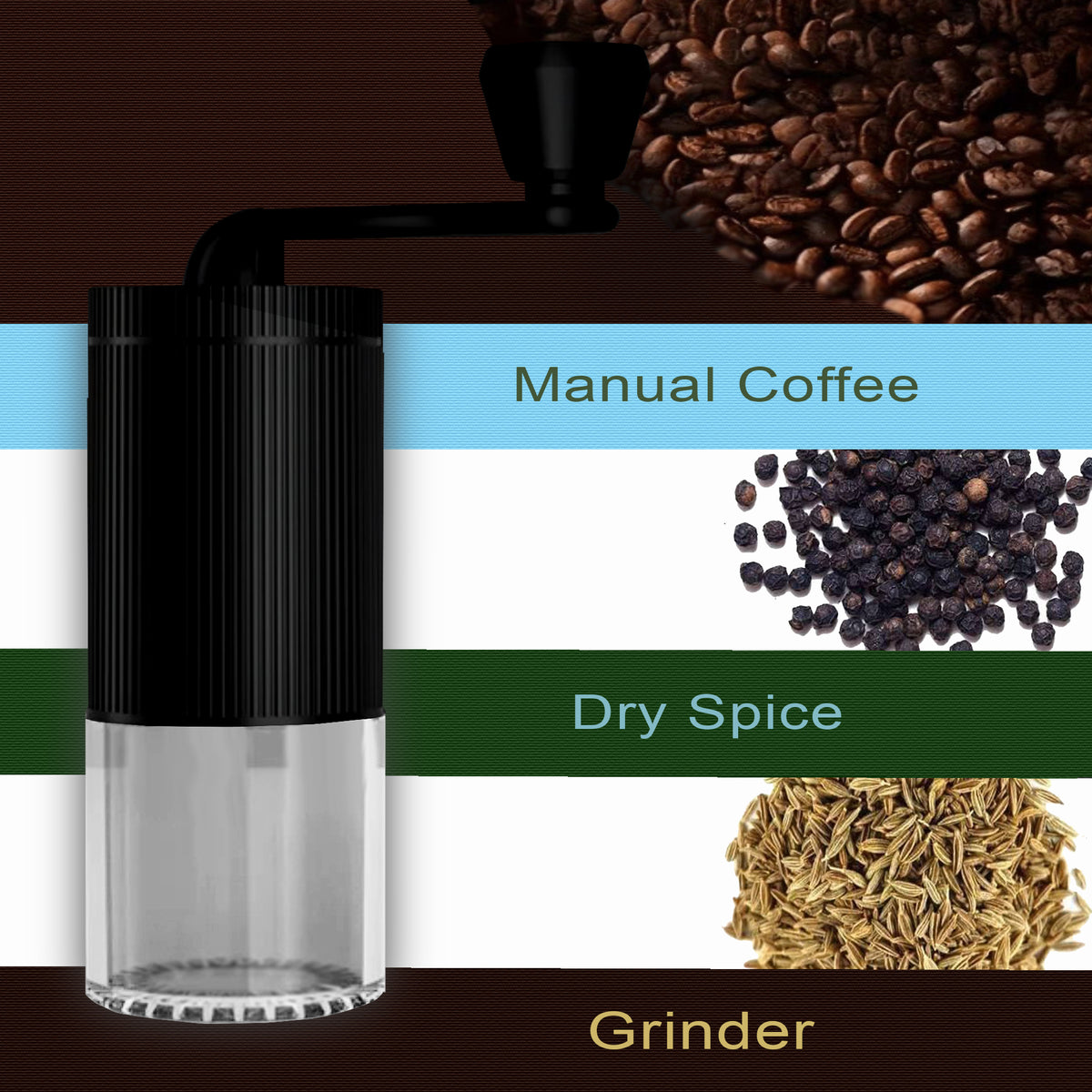 MANUAL COFFEE & DRY SPICE GRINDER - Adjustable Hand-Crank Grinder for Coffee Beans - Peppercorns - Cumin Seeds ++ Compact Portable Design